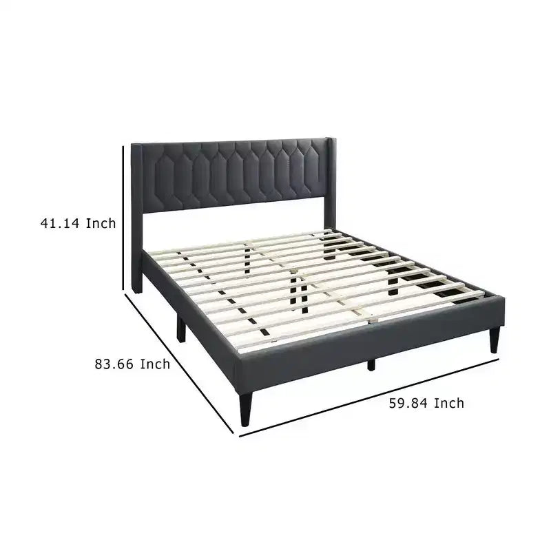 Lit Queen Size avec revêtement en toile de jute gris anthracite surpiqué de motifs géométriques, lit plateforme
