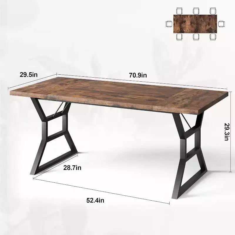 Table à manger rectangulaire pour 6 personnes, pieds en métal robustes, marron
