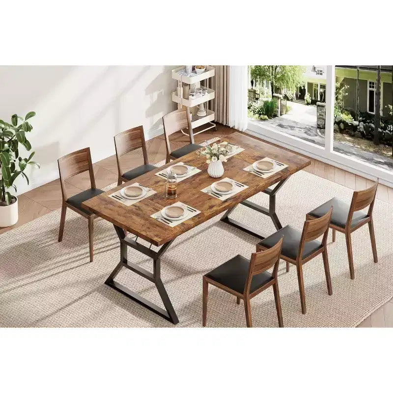 Table à manger rectangulaire pour 6 personnes, pieds en métal robustes, marron