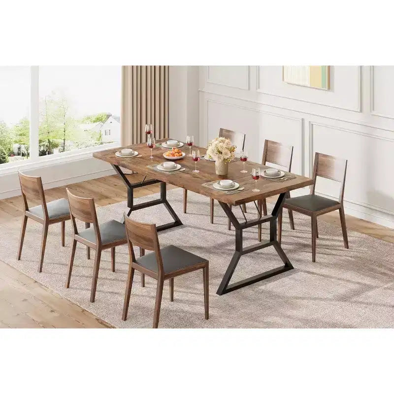 Table à manger rectangulaire pour 6 personnes, pieds en métal robustes, marron