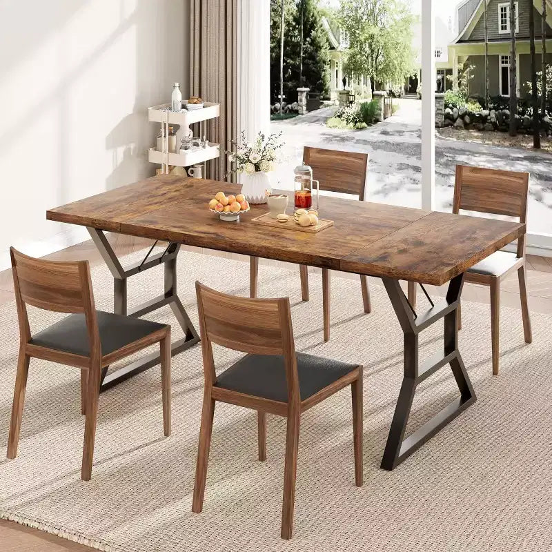 Table à manger rectangulaire pour 6 personnes, pieds en métal robustes, marron
