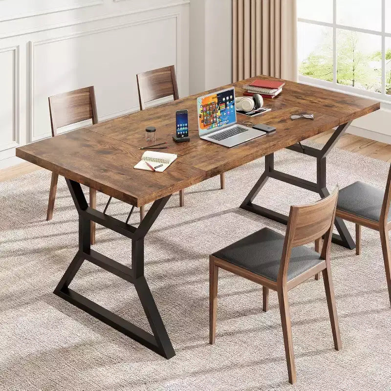 Table à manger rectangulaire pour 6 personnes, pieds en métal robustes, marron