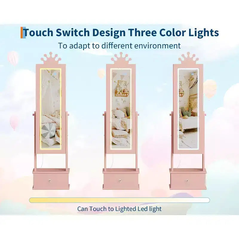 Meuble à bijoux pour enfants de 117 cm avec miroir LED pleine longueur et tiroirs de rangement