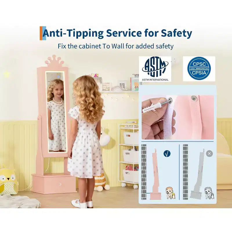 Meuble à bijoux pour enfants de 117 cm avec miroir LED pleine longueur et tiroirs de rangement