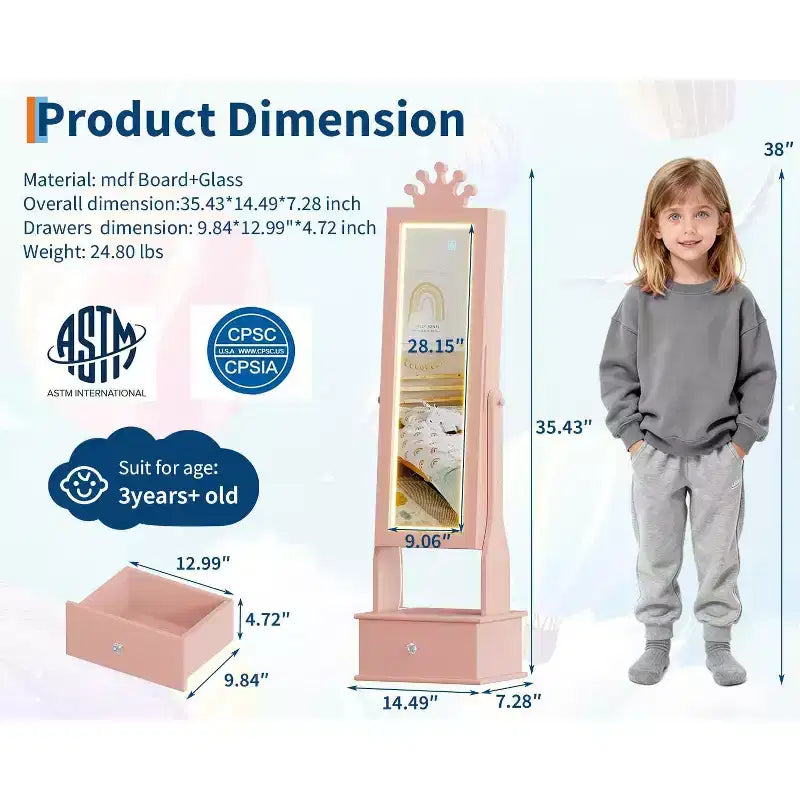 Meuble à bijoux pour enfants de 117 cm avec miroir LED pleine longueur et tiroirs de rangement