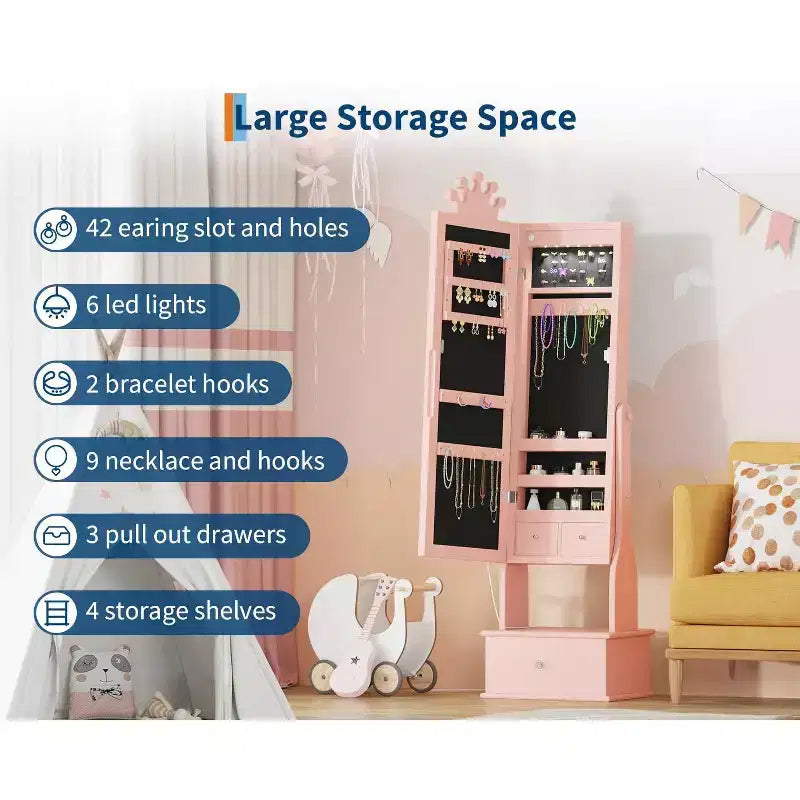 Meuble à bijoux pour enfants de 117 cm avec miroir LED pleine longueur et tiroirs de rangement
