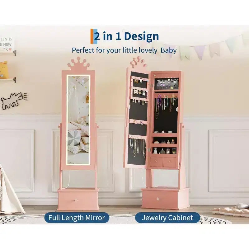 Meuble à bijoux pour enfants de 117 cm avec miroir LED pleine longueur et tiroirs de rangement