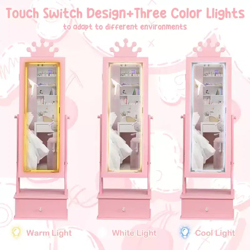 Meuble à bijoux pour enfants de 117 cm avec miroir LED pleine longueur et tiroirs de rangement
