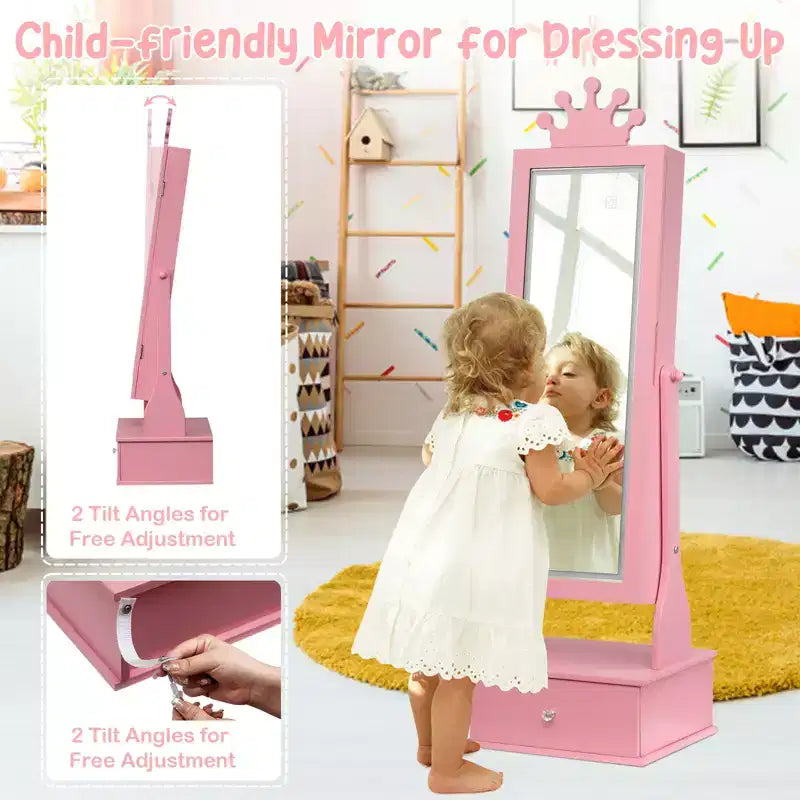 Meuble à bijoux pour enfants de 117 cm avec miroir LED pleine longueur et tiroirs de rangement