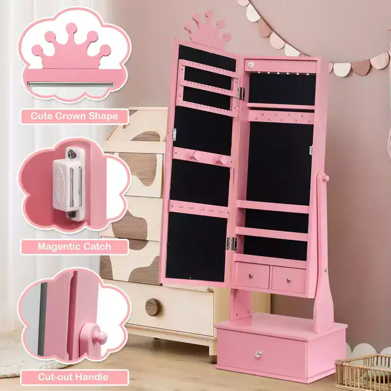 Meuble à bijoux pour enfants de 117 cm avec miroir LED pleine longueur et tiroirs de rangement