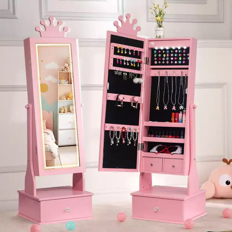Meuble à bijoux pour enfants de 117 cm avec miroir LED pleine longueur et tiroirs de rangement