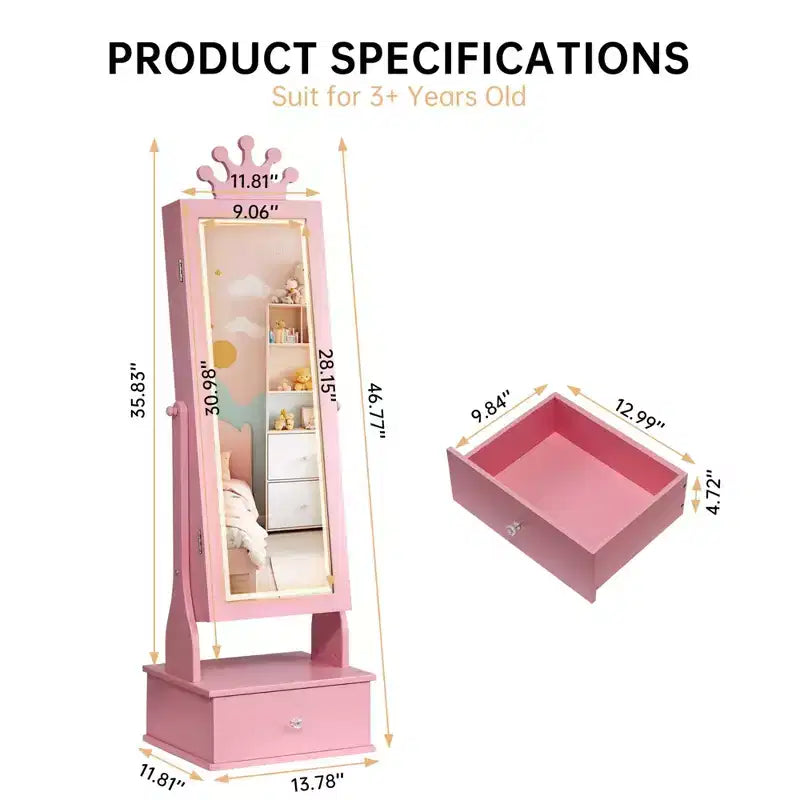 Meuble à bijoux pour enfants de 117 cm avec miroir LED pleine longueur et tiroirs de rangement