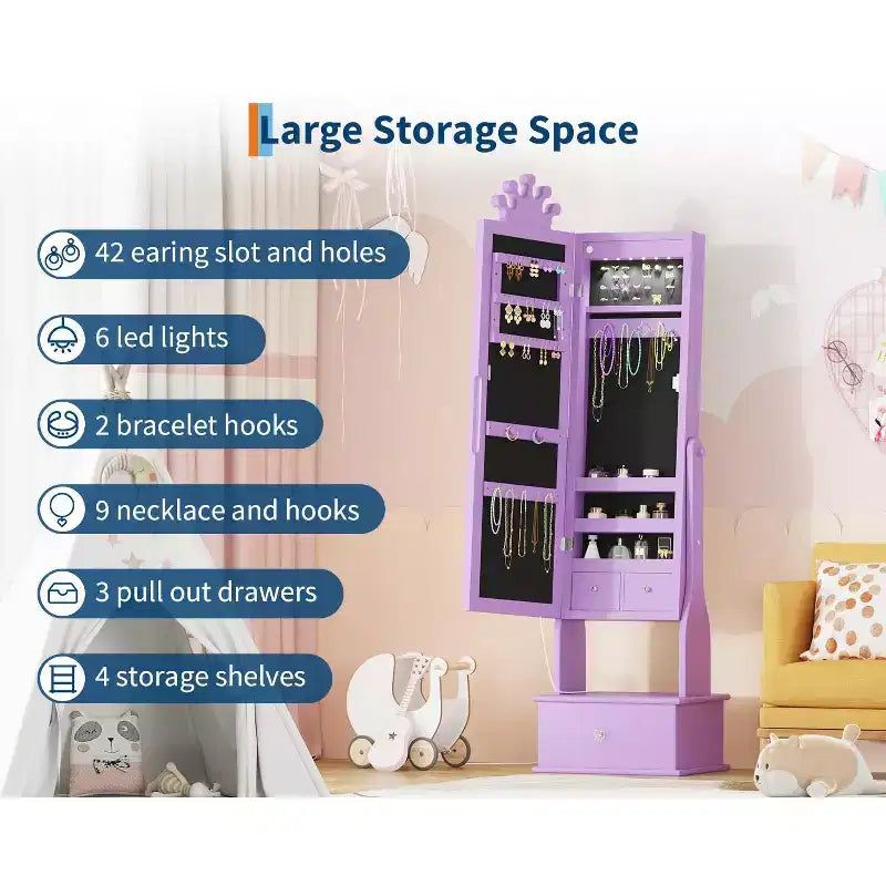 Meuble à bijoux pour enfants de 117 cm avec miroir LED pleine longueur et tiroirs de rangement