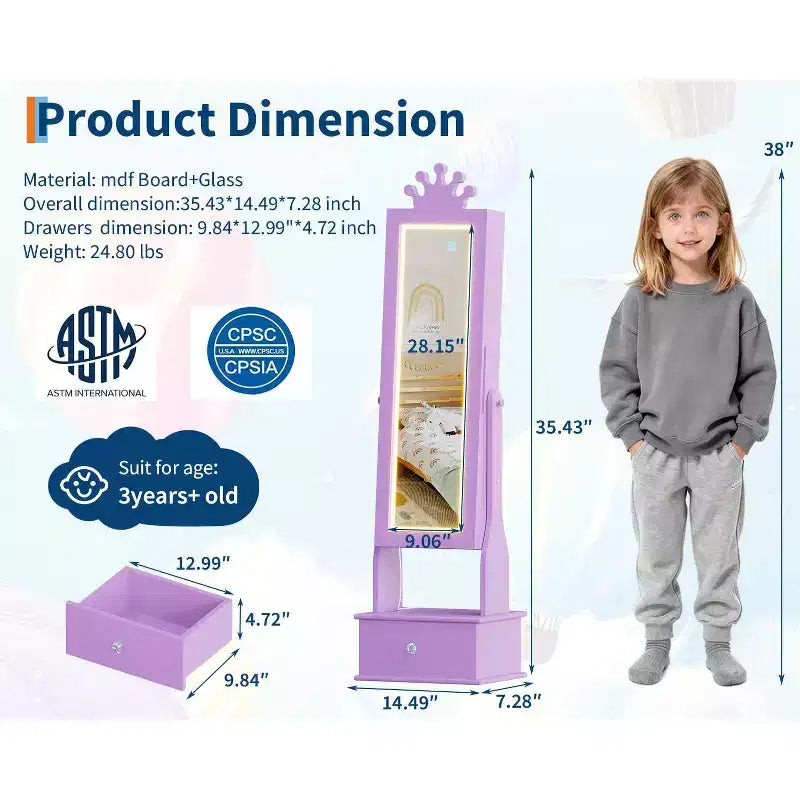 Meuble à bijoux pour enfants de 117 cm avec miroir LED pleine longueur et tiroirs de rangement