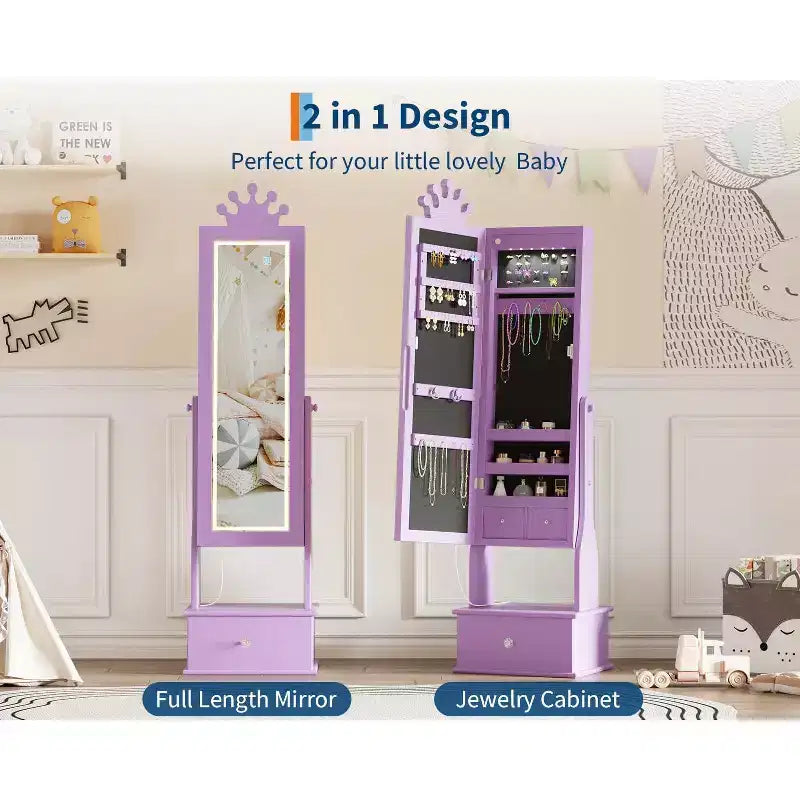 Meuble à bijoux pour enfants de 117 cm avec miroir LED pleine longueur et tiroirs de rangement