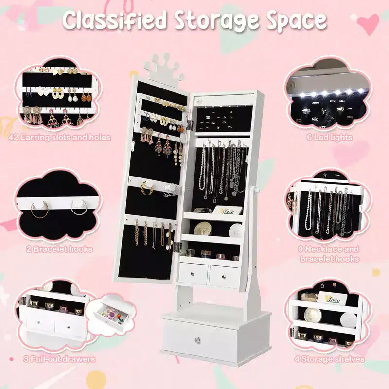 Meuble à bijoux pour enfants de 117 cm avec miroir LED pleine longueur et tiroirs de rangement