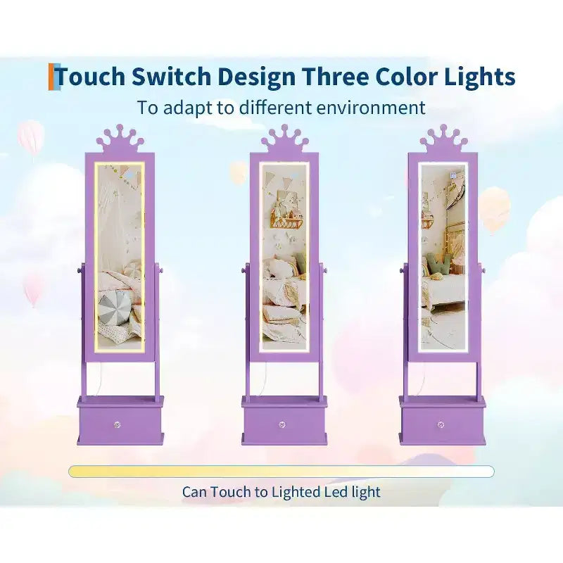 Meuble à bijoux pour enfants de 117 cm avec miroir LED pleine longueur et tiroirs de rangement