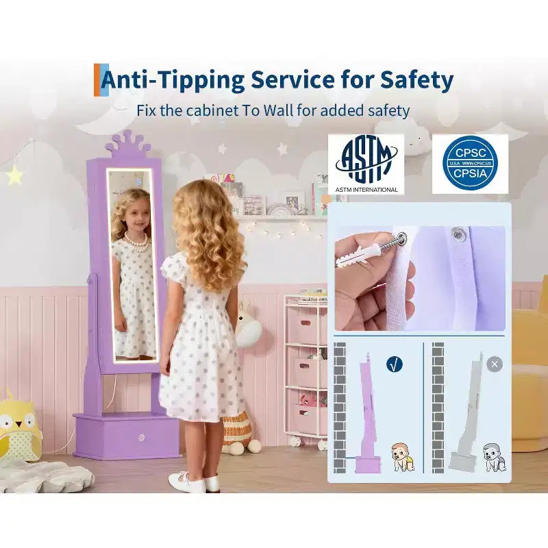 Meuble à bijoux pour enfants de 117 cm avec miroir LED pleine longueur et tiroirs de rangement