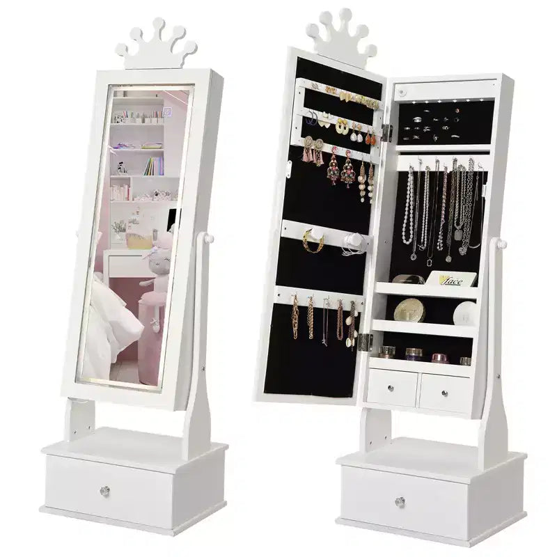 Meuble à bijoux pour enfants de 117 cm avec miroir LED pleine longueur et tiroirs de rangement