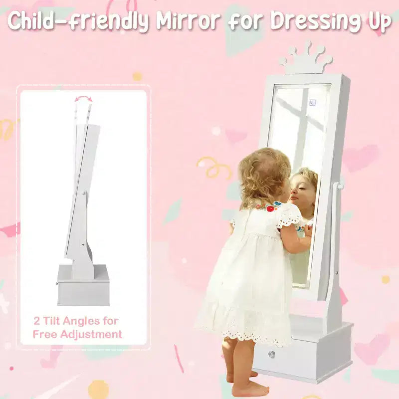 Meuble à bijoux pour enfants de 117 cm avec miroir LED pleine longueur et tiroirs de rangement