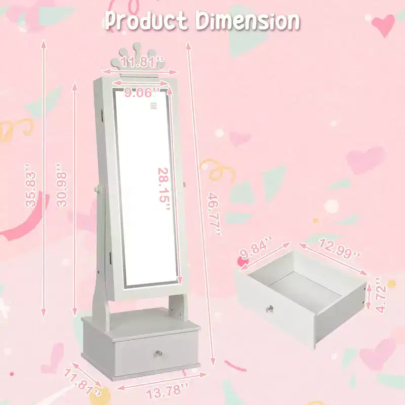 Meuble à bijoux pour enfants de 117 cm avec miroir LED pleine longueur et tiroirs de rangement