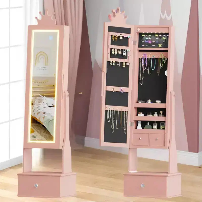 Meuble à bijoux pour enfants de 117 cm avec miroir LED pleine longueur et tiroirs de rangement