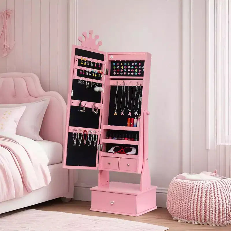 Meuble à bijoux pour enfants de 117 cm avec miroir LED pleine longueur et tiroirs de rangement