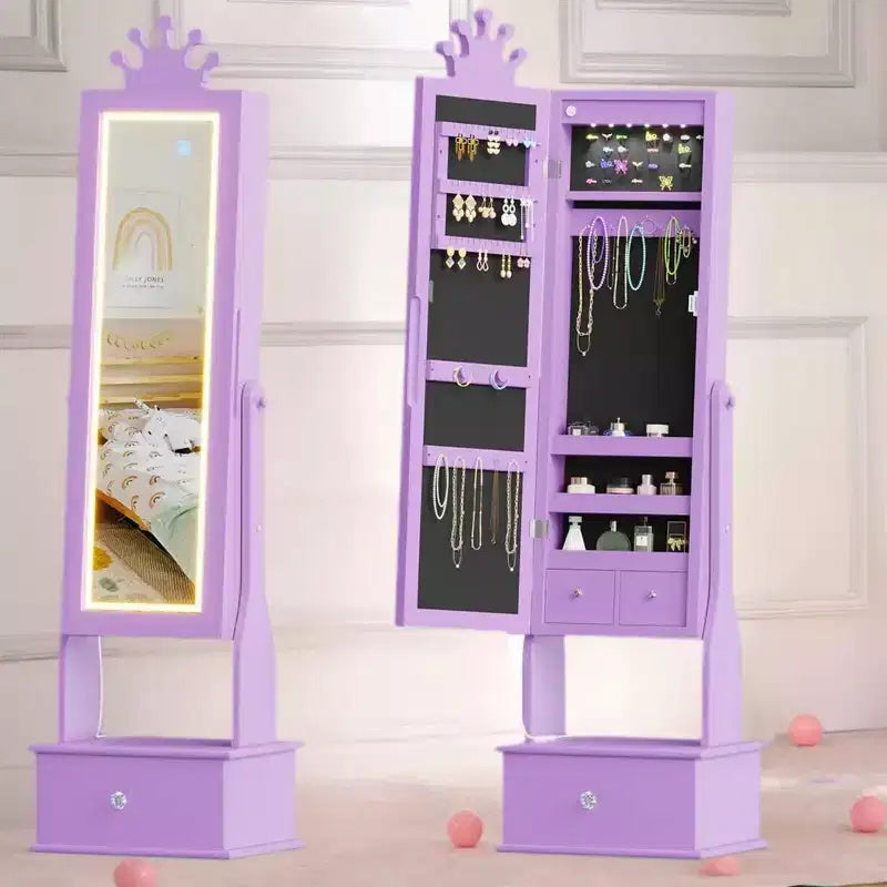 Meuble à bijoux pour enfants de 117 cm avec miroir LED pleine longueur et tiroirs de rangement