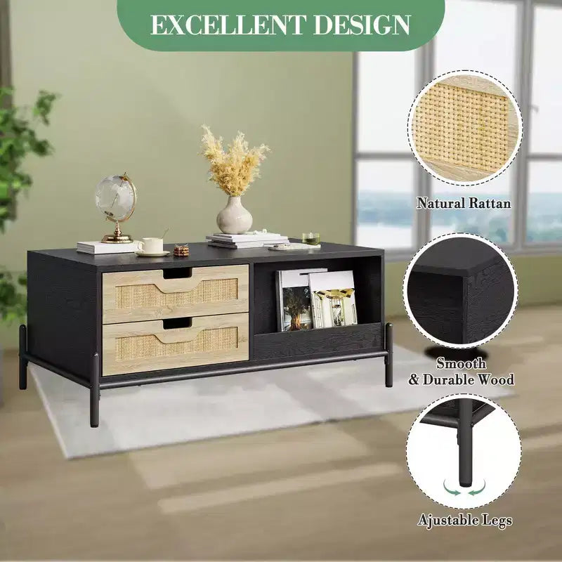 Table basse en rotin avec éclairage LED et tiroirs de rangement