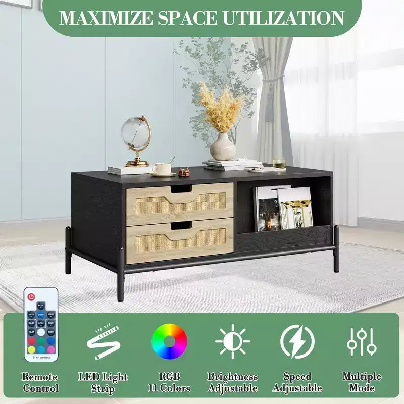Table basse en rotin avec éclairage LED et tiroirs de rangement