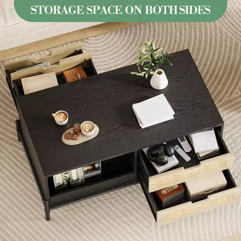 Table basse en rotin avec éclairage LED et tiroirs de rangement