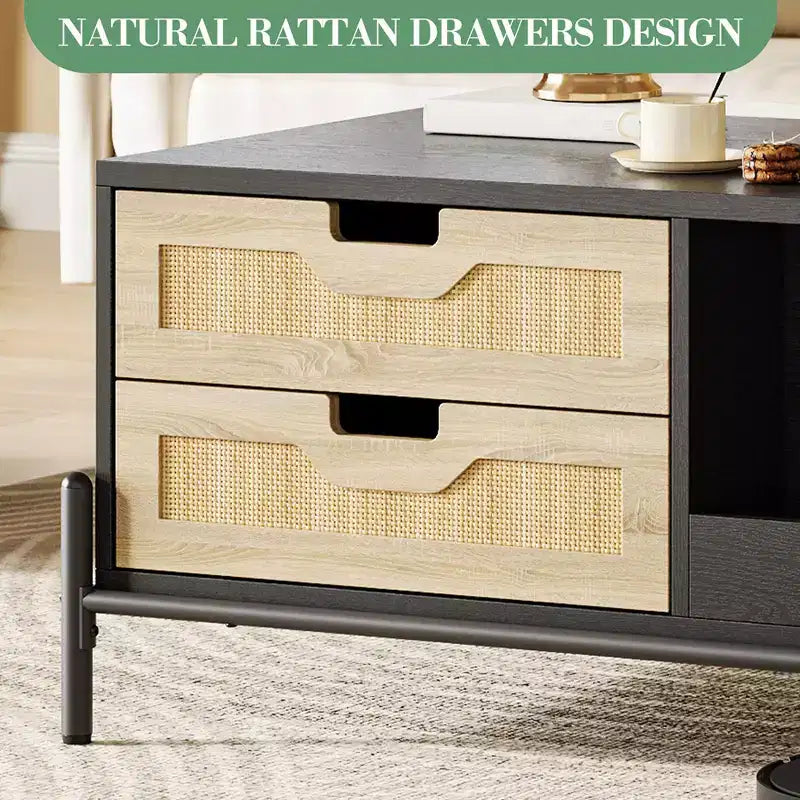 Table basse en rotin avec éclairage LED et tiroirs de rangement