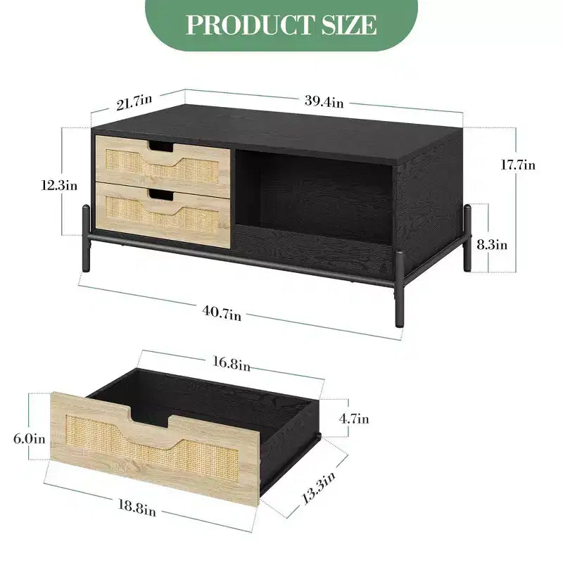 Table basse en rotin avec éclairage LED et tiroirs de rangement