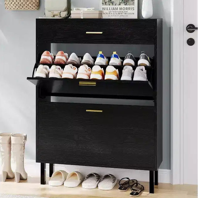 Shoe Cabinet Storage for Entryway Ultra Slim with 2 Flip &1Drop-Down Drawers, Narrow Shoe Cabinet,Freestanding Modern Wood Shoes Organizer