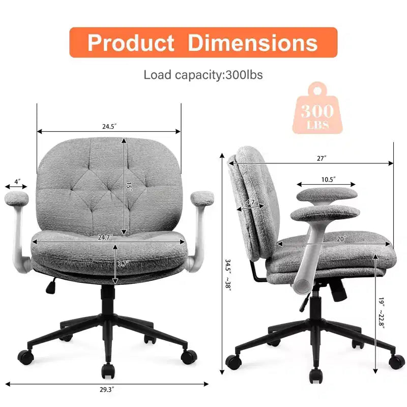 Chaise pivotante grise à pieds croisés avec accoudoirs relevables, siège large pour bureau et coiffeuse