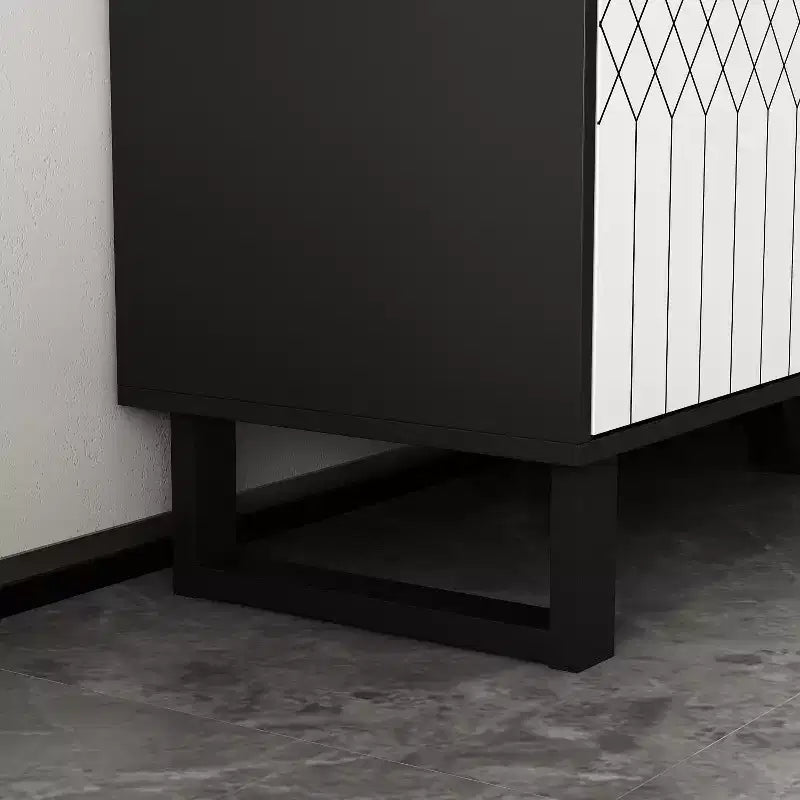 Bahut/Buffet moderne noir et blanc avec portes à motifs géométriques, étagères réglables et grand espace de rangement pour la salle à manger et le salon