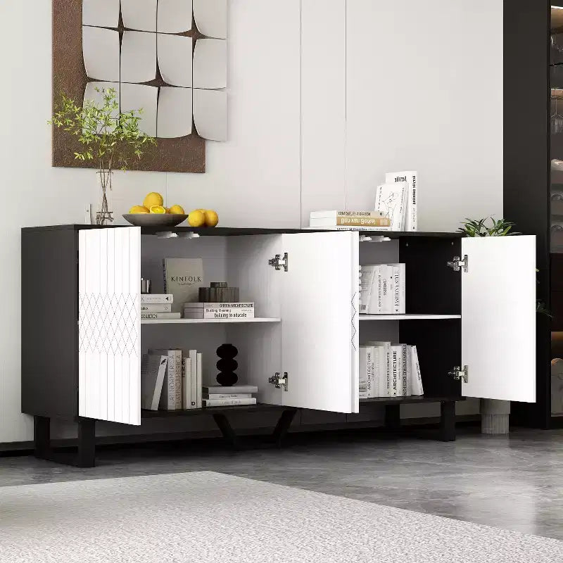 Bahut/Buffet moderne noir et blanc avec portes à motifs géométriques, étagères réglables et grand espace de rangement pour la salle à manger et le salon