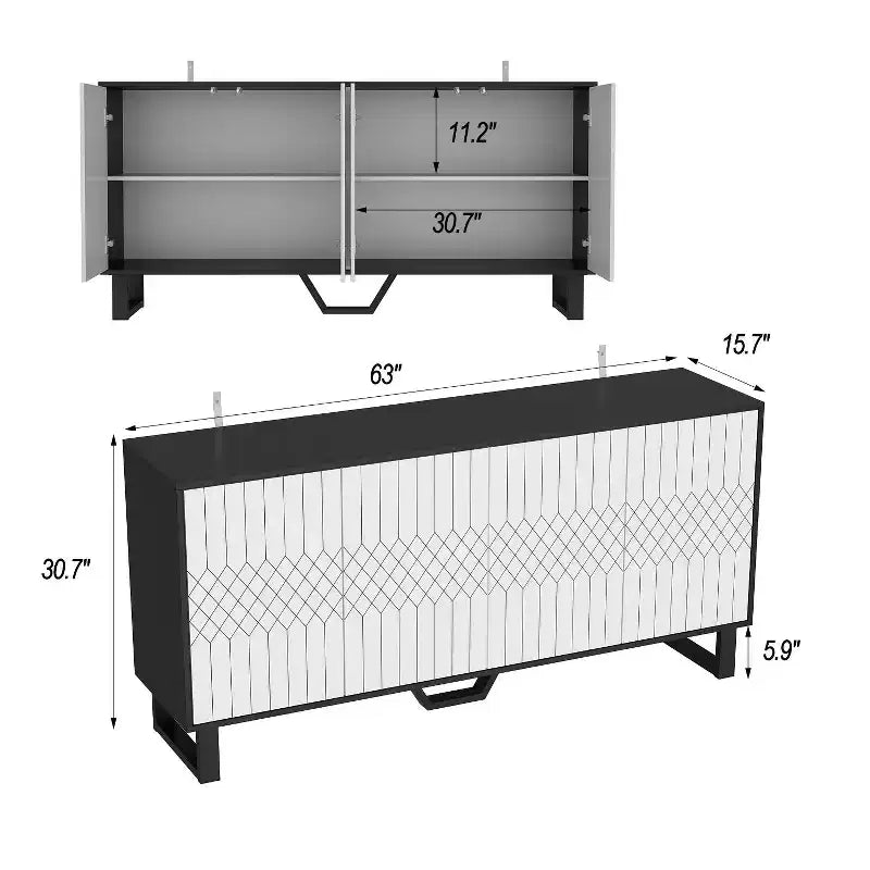 Bahut/Buffet moderne noir et blanc avec portes à motifs géométriques, étagères réglables et grand espace de rangement pour la salle à manger et le salon