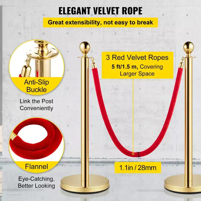 Poteaux de guidage et cordons de velours, cordon rouge de 1,5 m, poteau de guidage doré en acier inoxydable avec boule supérieure, barrière de contrôle des foules pour théâtres, doré