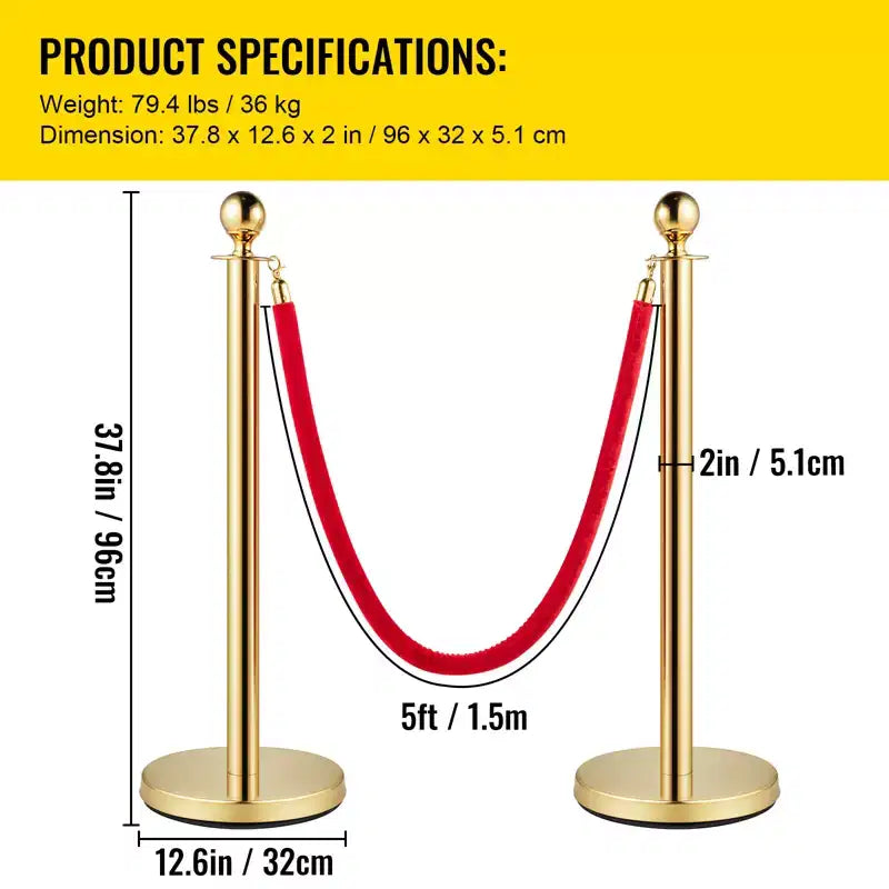 Poteaux de guidage et cordons de velours, cordon rouge de 1,5 m, poteau de guidage doré en acier inoxydable avec boule supérieure, barrière de contrôle des foules pour théâtres, doré