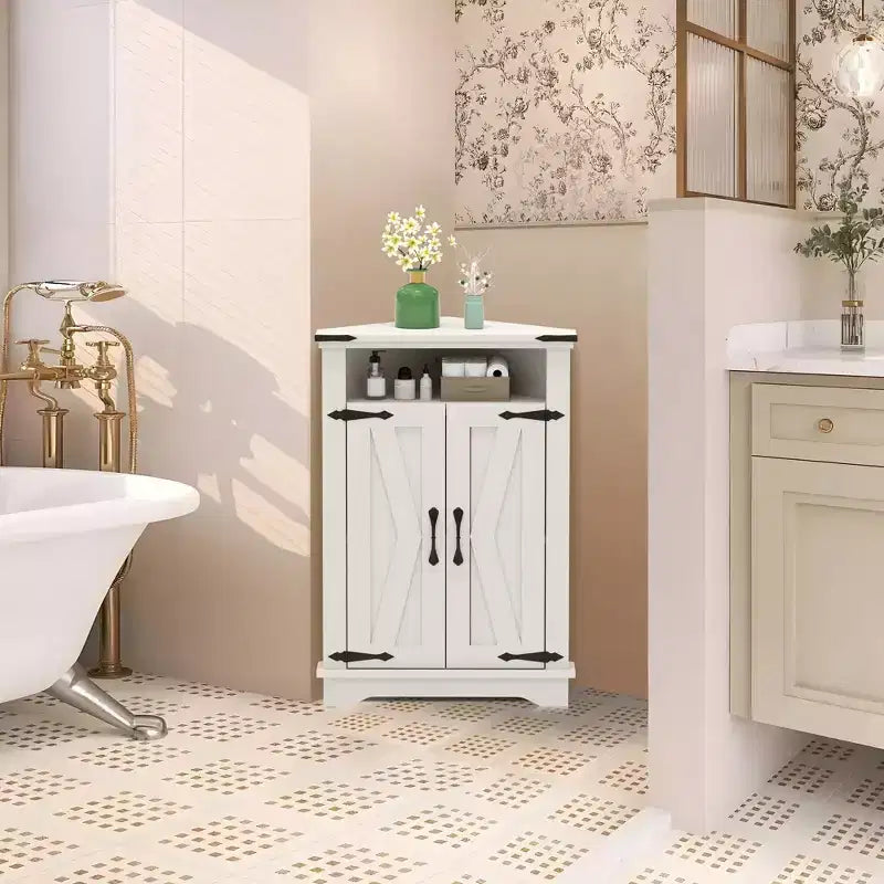 Meuble d'angle rustique avec porte coulissante de style grange, unité de rangement avec étagère réglable pour salle de bain, cuisine, salon, entrée