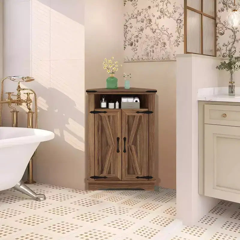 Meuble d'angle rustique avec porte coulissante de style grange, unité de rangement avec étagère réglable pour salle de bain, cuisine, salon, entrée