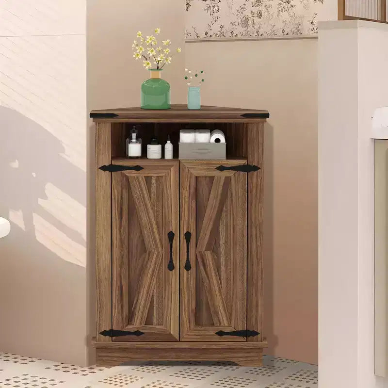 Meuble d'angle rustique avec porte coulissante de style grange, unité de rangement avec étagère réglable pour salle de bain, cuisine, salon, entrée