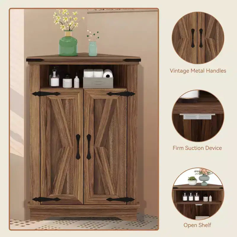 Meuble d'angle rustique avec porte coulissante de style grange, unité de rangement avec étagère réglable pour salle de bain, cuisine, salon, entrée