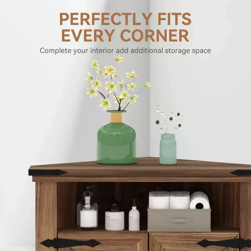 Meuble d'angle rustique avec porte coulissante de style grange, unité de rangement avec étagère réglable pour salle de bain, cuisine, salon, entrée