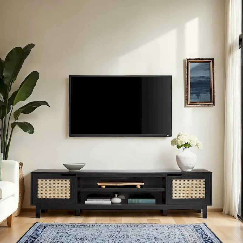 Meuble TV scandinave en rotin synthétique avec porte Middlebrook Designs