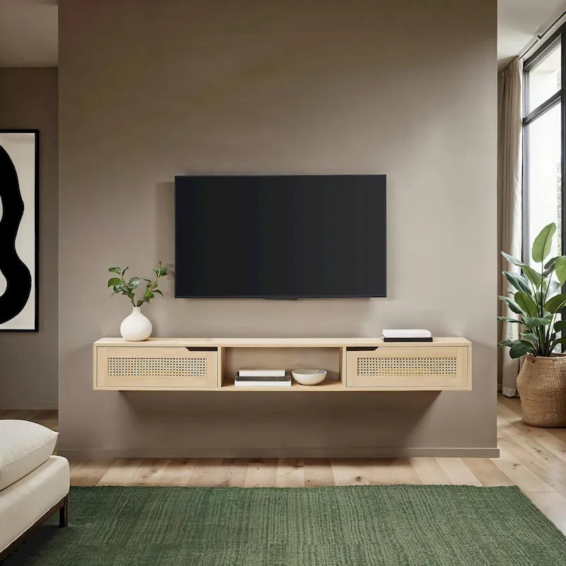Meuble TV flottant Middlebrook Scandi 70 pouces avec portes en similicuir tressé