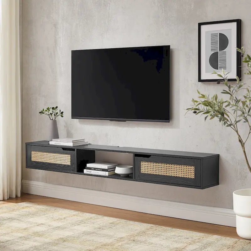 Meuble TV flottant Middlebrook Scandi 70 pouces avec portes en similicuir tressé
