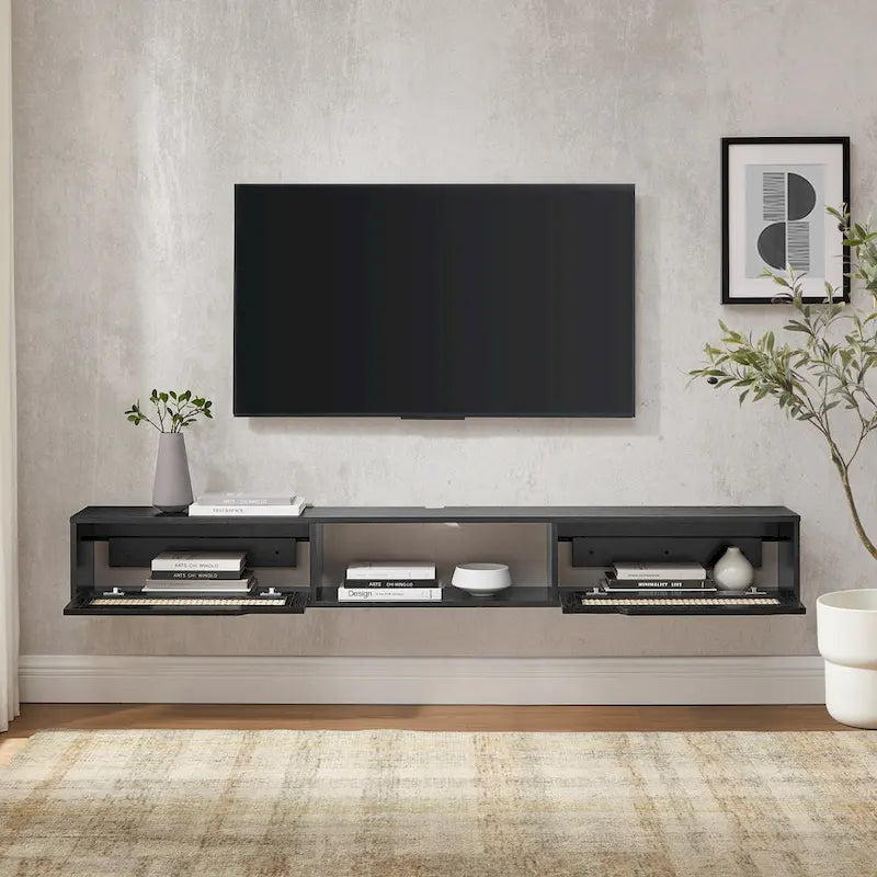 Meuble TV flottant Middlebrook Scandi 70 pouces avec portes en similicuir tressé