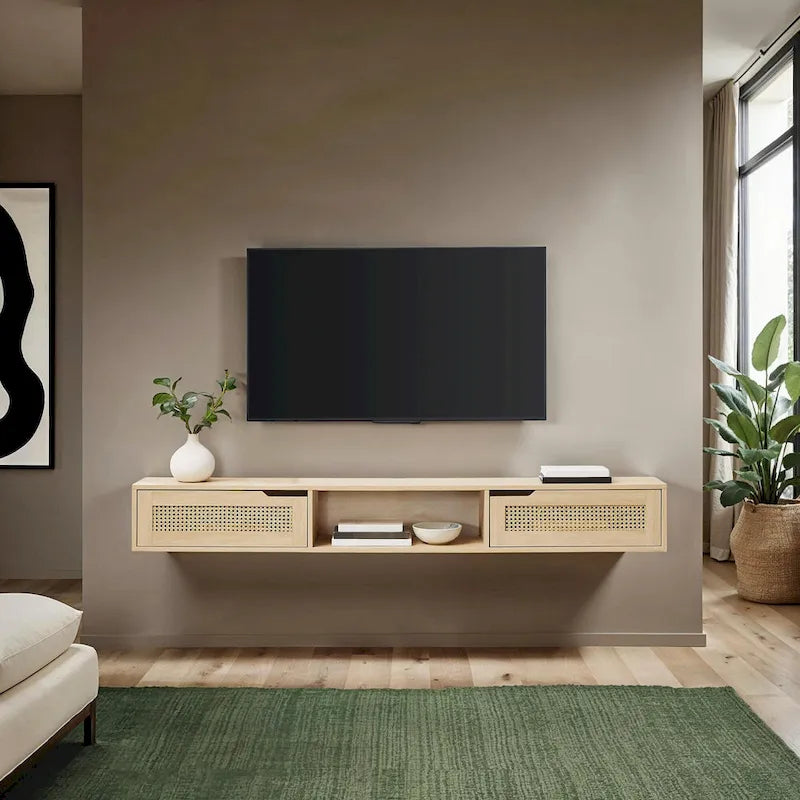 Meuble TV flottant Middlebrook Scandi 70 pouces avec portes en similicuir tressé